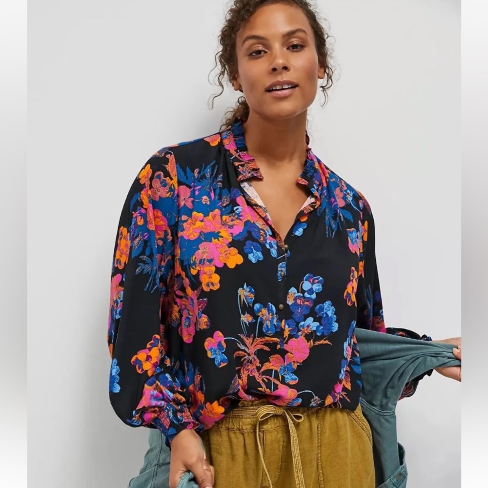 🛑SOLD Anthropologie Maeve Colette Pullover Peasant Blouse in Black Floral XS - Picture 2 of 9